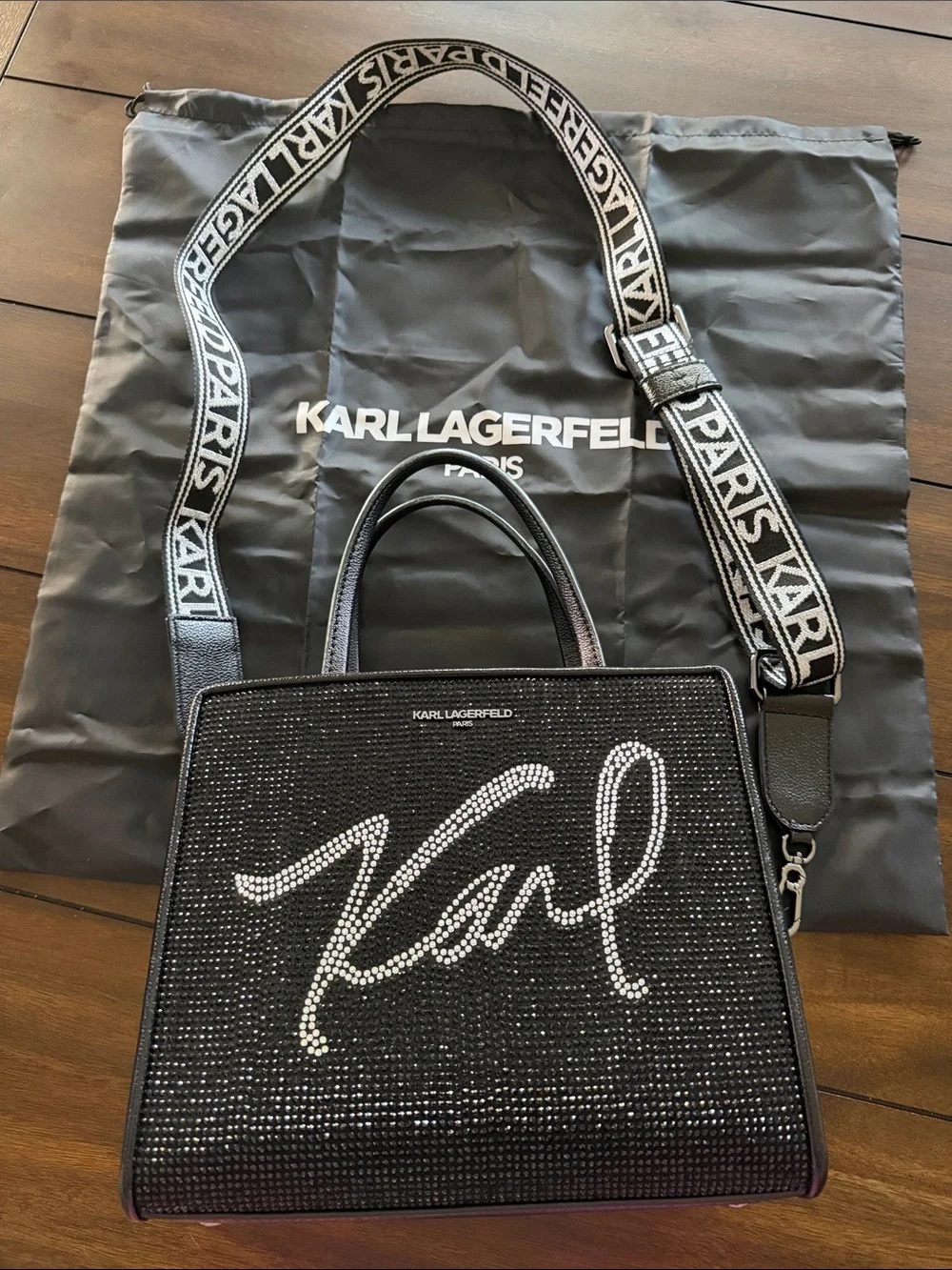 Karl Lagerfeld Black Crystal-Embellished Satchel with Branded Strap